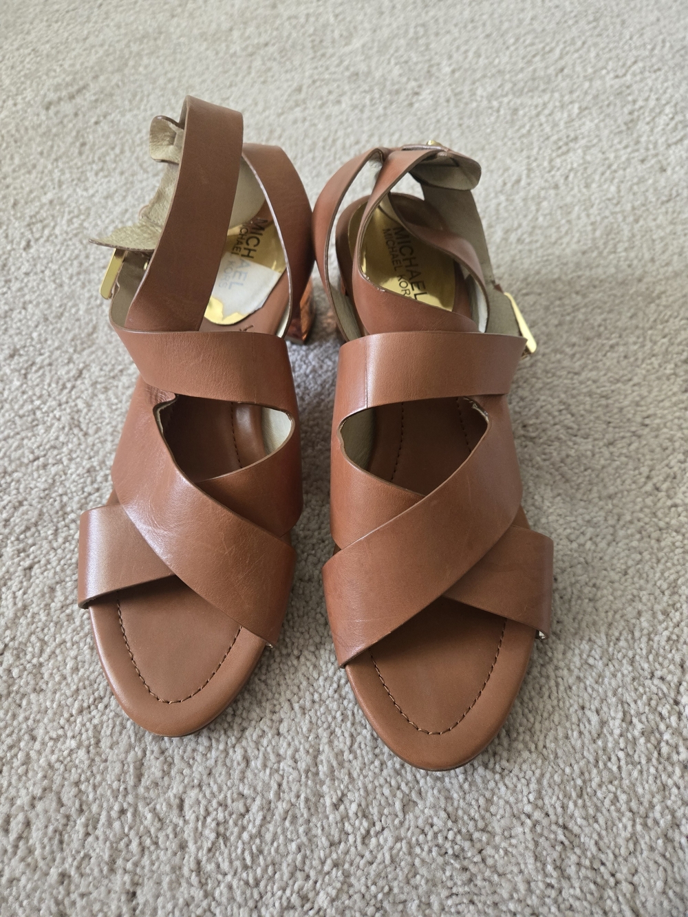 Michael Kors Cognac Leather Crisscross Sandals with Gold Buckle